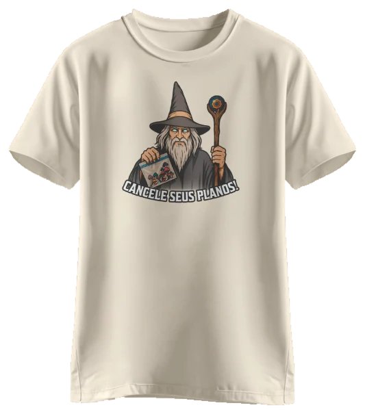 Camiseta clara com mago: Cancele seus planos